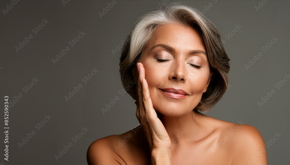 gorgeous senior older woman with closed eyes touching her perfect face skin, beautiful portrait mid 50s aged woman gorgeous senior older woman with closed eyes touching her perfect face skin, beautiful portrait mid 50s aged woman