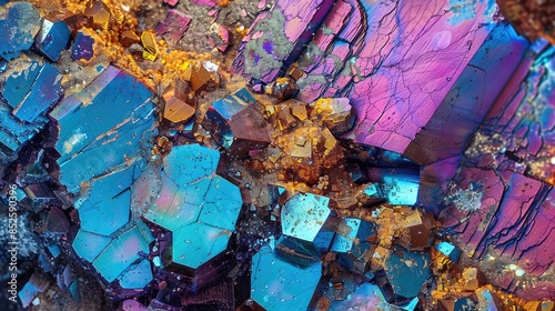 Colorful copper ore under a microscope Chalcopyrite a type of copper sulfide with CuFeS2 formula photo