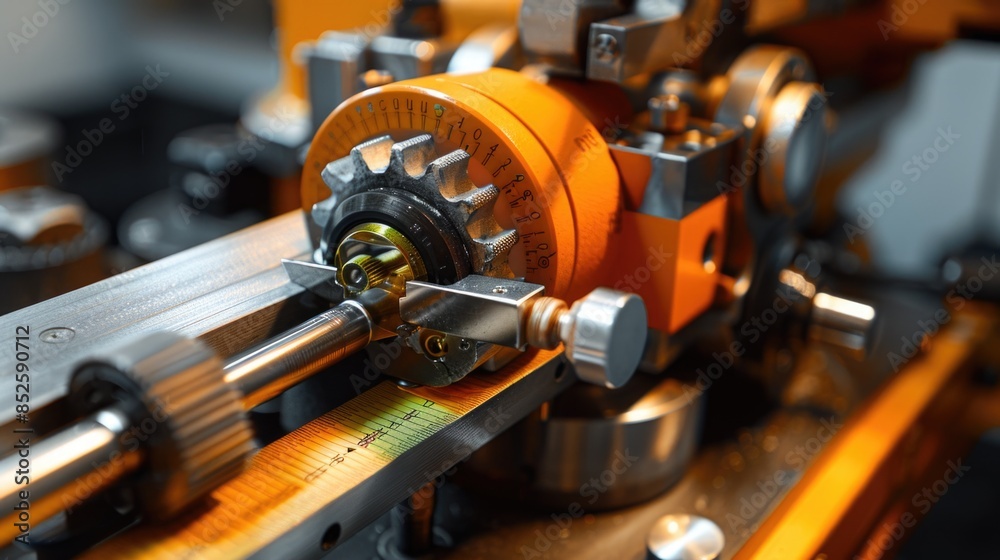 Close-up view of a machine on a table, suitable for use in industrial or technical contexts Close-up view of a machine on a table, suitable for use in industrial or technical contexts