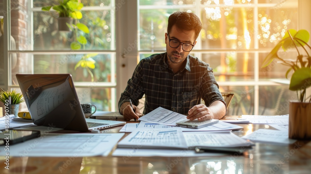 Fototapeta premium Focused man working with papers and laptop at home, analyzing documents during a sunlit day.