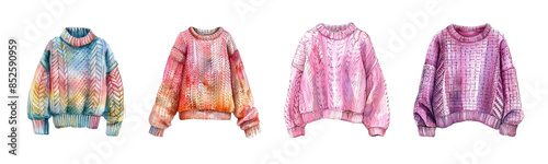 Colorful Hand-Knitted Sweaters in Various Patterns and Shades on White Background
