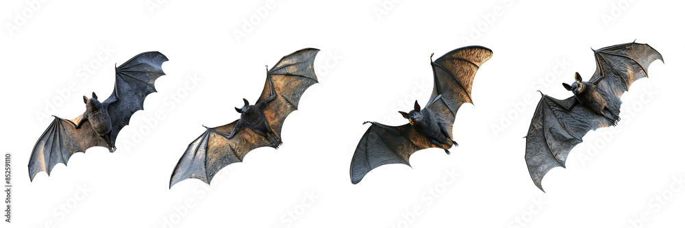 Fototapeta premium Four Flying Bats in Various Poses Isolated on Black Background with Detailed Wings and Textures