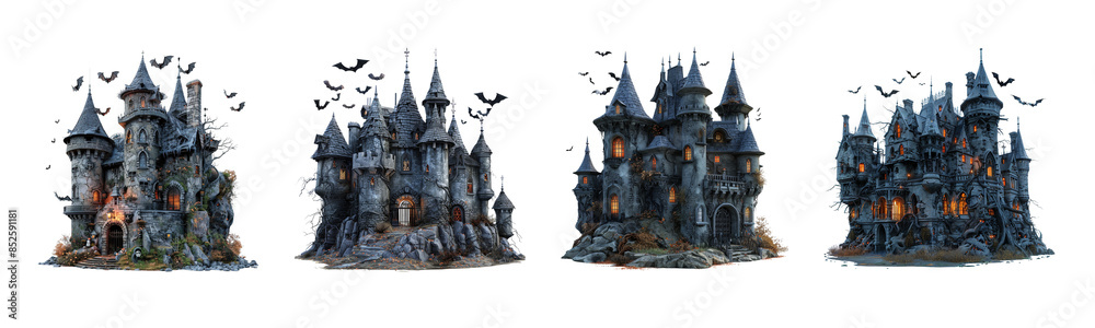 Enchanted Gothic Castles at Night with Glowing Windows and Mystical Atmosphere