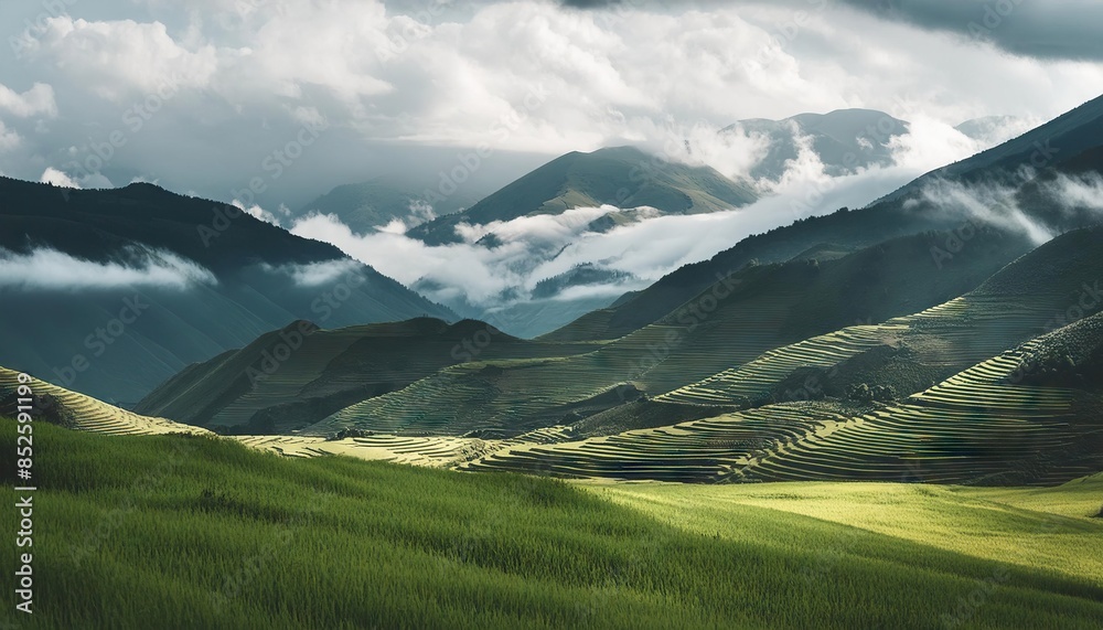 landscape with rice fields in the mountains with cloudslandscape with rice fields in the mountains with clouds landscape with rice fields in the mountains with cloudslandscape with rice fields in the mountains with clouds