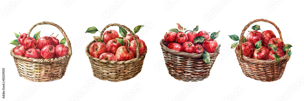 Fresh Red Apples in Wicker Baskets Isolated on White Background - Perfect for Autumn and Harvest Themes Fresh Red Apples in Wicker Baskets Isolated on White Background - Perfect for Autumn and Harvest Themes