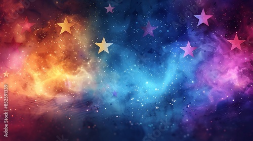 An artistic depiction of watercolor painted stars on a textured paper background. The stars are scattered randomly, featuring soft hues of pastel blues, purples, and pinks, enhancing the artistic feel
