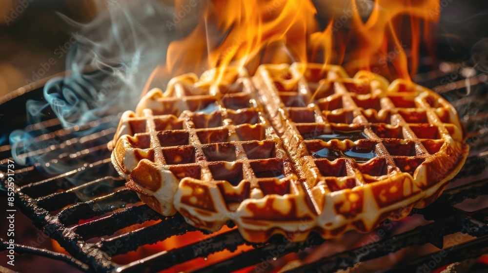 A crispy waffle sits atop a grill with flames licking at the edges, perfect for adding some drama to your food photography or illustrations A crispy waffle sits atop a grill with flames licking at the edges, perfect for adding some drama to your food photography or illustrations
