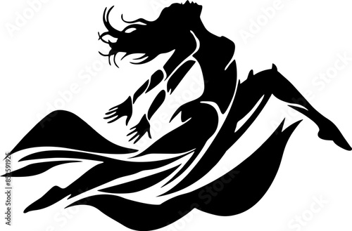 Female illustration of dancing character with black and white  background Young woman dancing happily silhouette illustration 