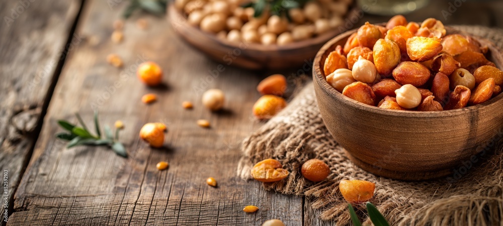 Assorted nuts in wooden bowls spread on an old textured wooden surface, portraying healthy snacks Assorted nuts in wooden bowls spread on an old textured wooden surface, portraying healthy snacks