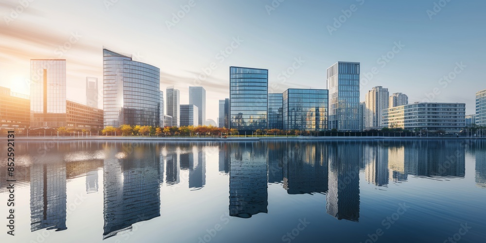 Fototapeta premium A contemporary cityscape reflected in still water during a clear day, perfect for urban themes