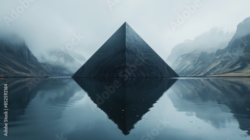 Mysterious black pyramid reflected in a calm lake surrounded by misty mountains, creating a surreal and tranquil landscape. photo