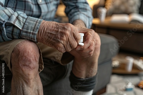 An elderly man is seated on a couch, holding a bottle of pills © Alexei