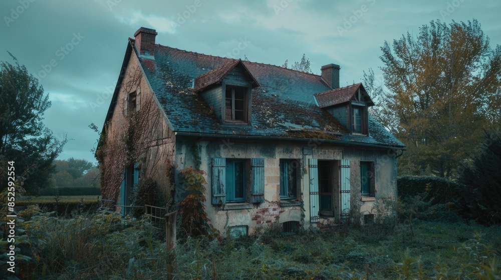 A decrepit house with colorful graffiti covering the walls, a symbol of neglect and urban decay A decrepit house with colorful graffiti covering the walls, a symbol of neglect and urban decay