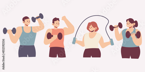 Happy exercising cartoon character set