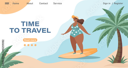 Travel destinations summer landing page. Happy woman in a swimsuit surfing in the sea. Beach holiday concept illustration. Vector