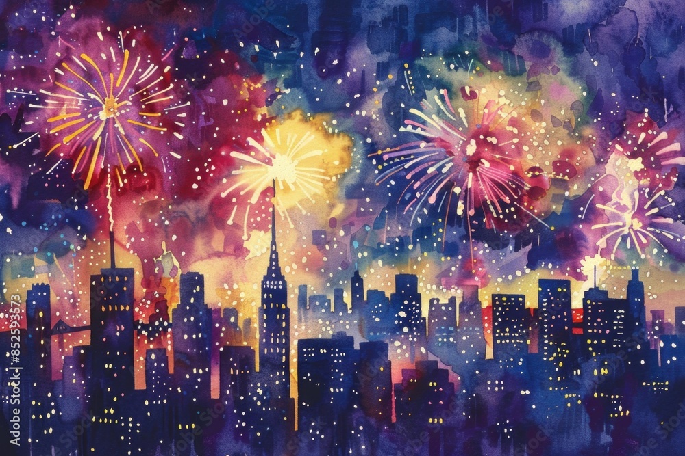 Obraz premium Colorful fireworks exploding in the night sky above a bustling metropolis, with skyscrapers and buildings visible below