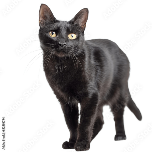 Black adult house cat standing up Looking straight to camera Isolated on a transparent background