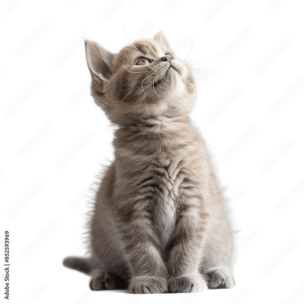 Fototapeta premium British kitten looks up while sitting on a transparent background