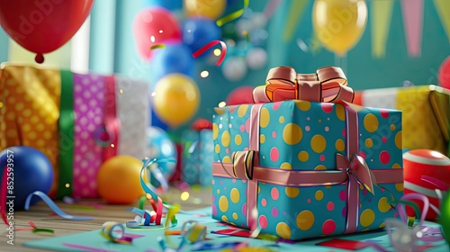 Vibrant and Festive Birthday Gift Box Amidst a Celebratory Setting: A Colorful Delight