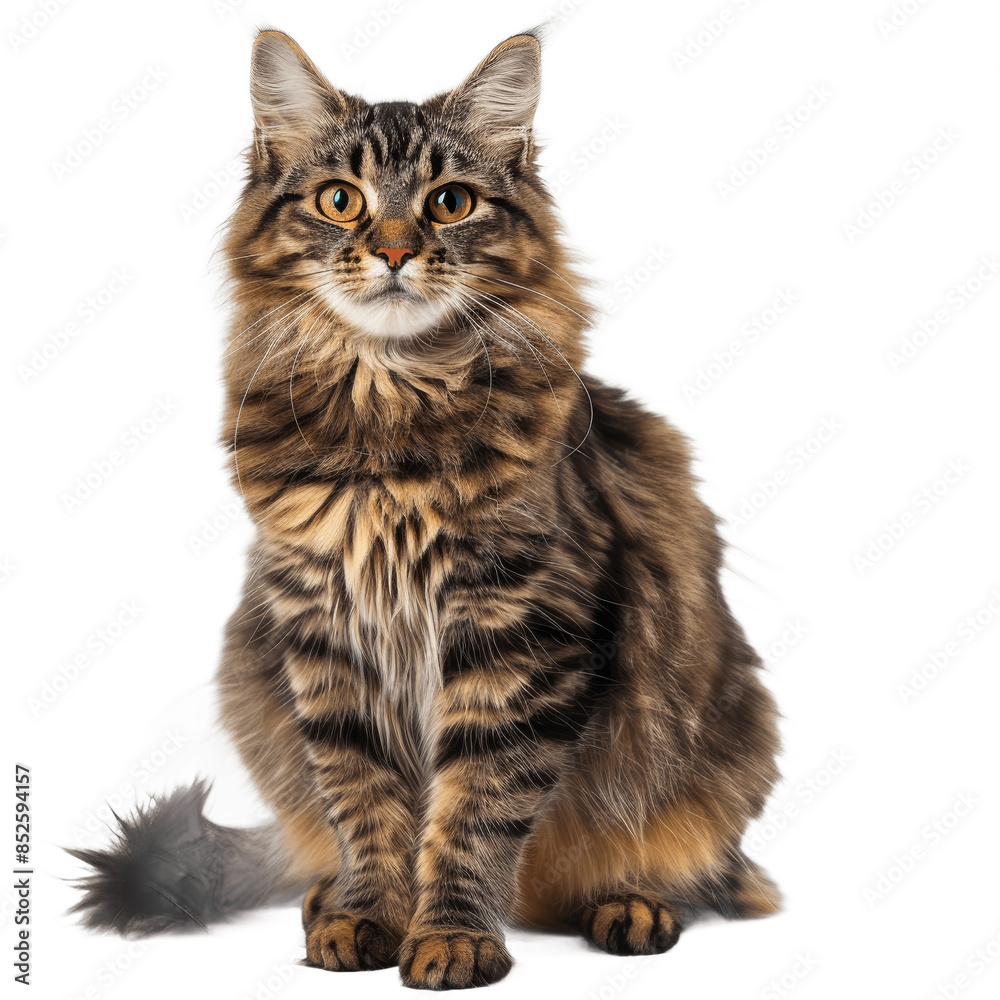Fototapeta premium Curious cat sitting while looking at camera Relaxed cute fluffy kitty with beautiful asymmetric markings Full body cat portrait Isolated on transparent background