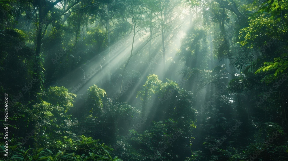 Obraz premium Sunlight filters through the dense canopy of a vibrant, lush rainforest, creating beautiful beams of light in a tranquil, green landscape.