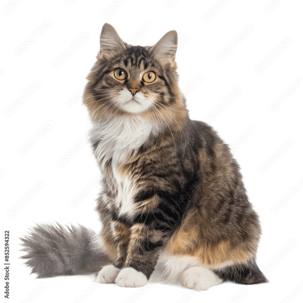 Curious cat sitting while looking at camera Relaxed cute fluffy kitty with beautiful asymmetric markings Full body cat portrait Isolated on transparent background Curious cat sitting while looking at camera Relaxed cute fluffy kitty with beautiful asymmetric markings Full body cat portrait Isolated on transparent background