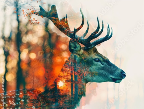 Double exposure of a deer with a forest background, blending nature and wildlife themes into a captivating visual art piece. photo