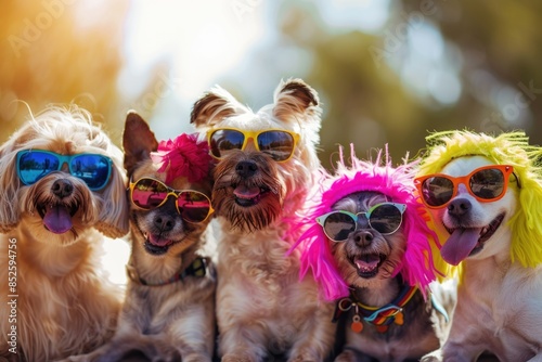 A playful photo of dogs dressed up with sunglasses and wigs, perfect for adding humor to any context