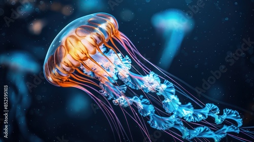 Vibrant jellyfish with long tentacles in the ocean, illuminated by natural underwater light, gently gliding in deep blue waters.