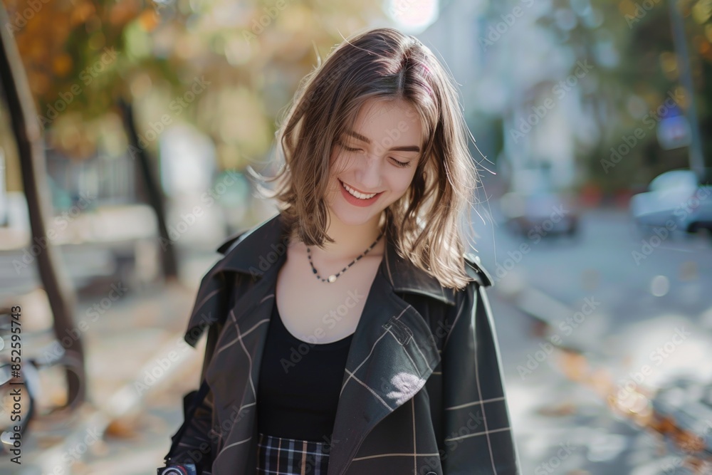 A woman standing on a sidewalk, looking at her cell phone, with urban background A woman standing on a sidewalk, looking at her cell phone, with urban background