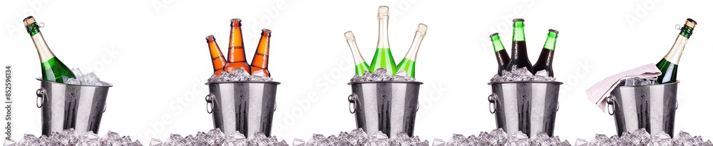 Champagne and beer bottle in a bucket with ice isolated on the white Champagne and beer bottle in a bucket with ice isolated on the white