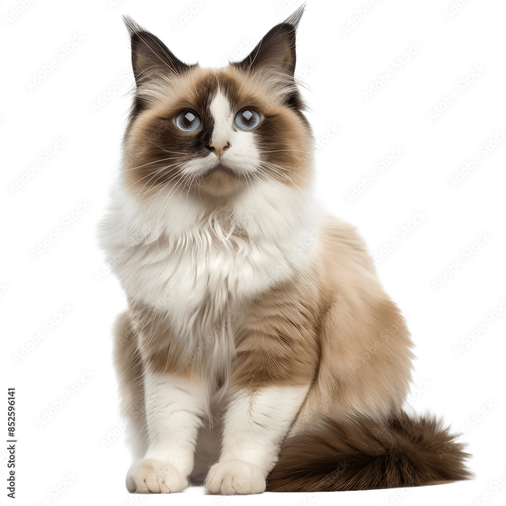 Pretty bicolor Ragdoll cat sitting up facing front Looking at camera with dark blue eyes Isolated on transparent background Pretty bicolor Ragdoll cat sitting up facing front Looking at camera with dark blue eyes Isolated on transparent background