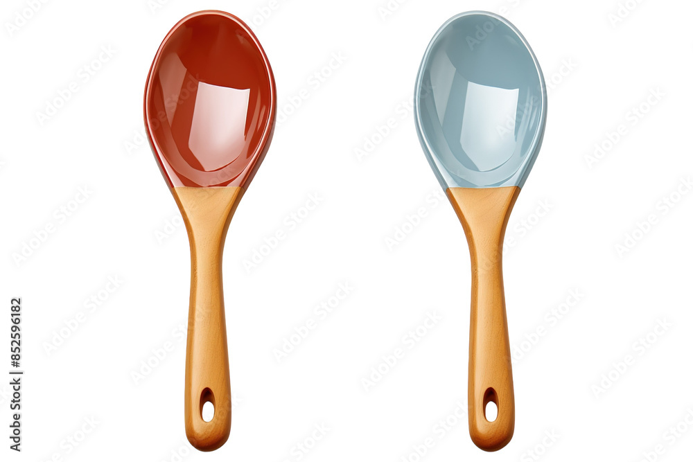 A Pair of Colorful Ceramic Spoons With Wooden Handles on a Clear PNG or White Background. A Pair of Colorful Ceramic Spoons With Wooden Handles on a Clear PNG or White Background.