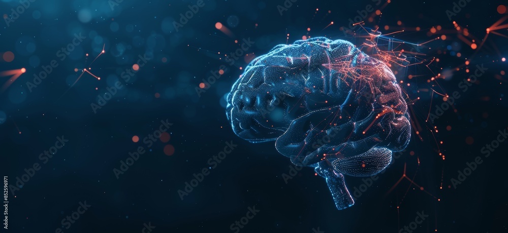 The brain is set against a dark background, with interconnected nodes and lines representing data and communication. The brain is set against a dark background, with interconnected nodes and lines representing data and communication.
