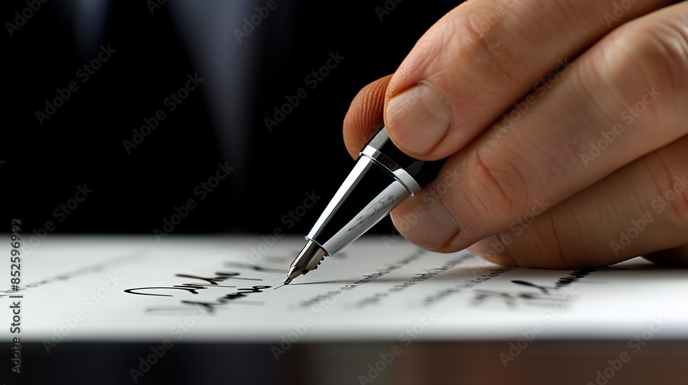 Businessman Signing Contract in Close-up Detail on Signature Line Against Black Background Businessman Signing Contract in Close-up Detail on Signature Line Against Black Background