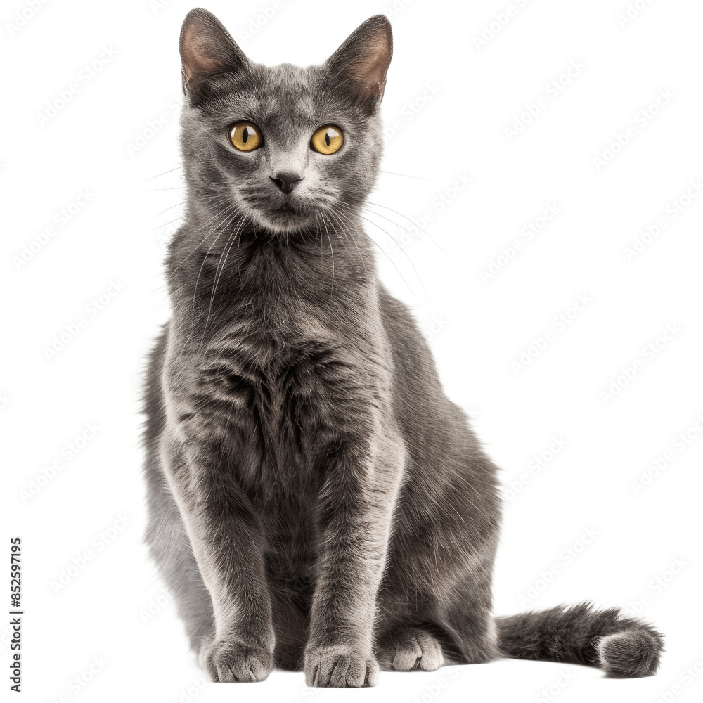 Studio portrait of gray cat with yellow eyes sitting and looking forward Isolated on transparent background Studio portrait of gray cat with yellow eyes sitting and looking forward Isolated on transparent background