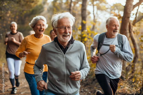 Smiling senior group jogging in the park. Sports activities for elderly people. Generative Ai . 