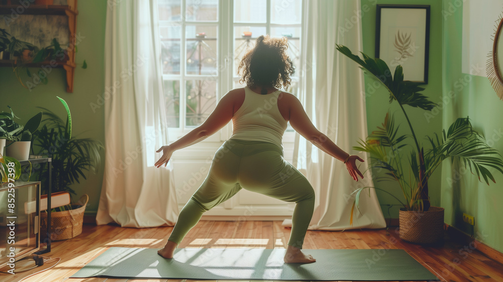Overweight woman doing yoga posture at home Overweight woman doing yoga posture at home