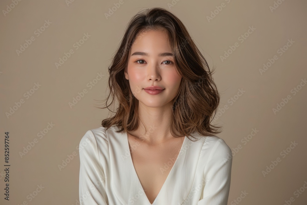 Beautiful young Asian woman with clean, fresh skin touching her face and smiling on a white background, isolated in a beauty treatment concept, spa luxury aesthetic. Beautiful young Asian woman with clean, fresh skin touching her face and smiling on a white background, isolated in a beauty treatment concept, spa luxury aesthetic.
