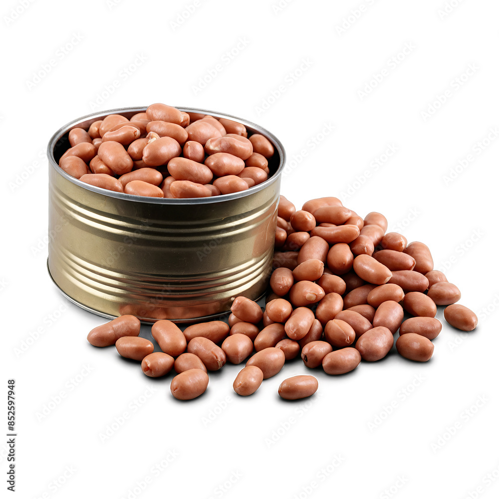 An open, brimming tin can of shiny brown beans spilling onto a white background, png, with transparent qualities