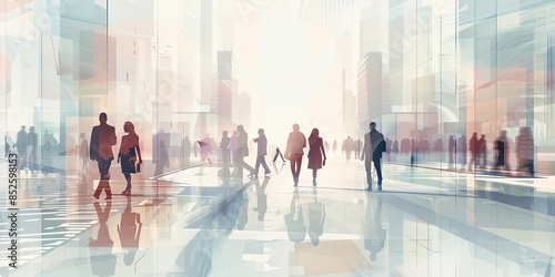 Busy city scene with people walking through a modern urban area, featuring a blend of real-life and digital elements. The image conveys themes of technology, urban lifestyle, and connectivity, banner 