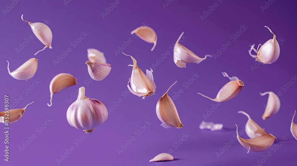 Flying fresh garlic on isolated background Flying fresh garlic on isolated background