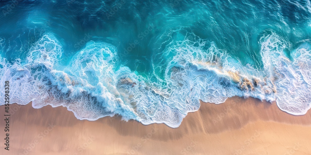 Aerial view of turquoise ocean waves crashing on a sandy beach, creating a beautiful and dynamic seascape perfect for travel and nature themes. Aerial view of turquoise ocean waves crashing on a sandy beach, creating a beautiful and dynamic seascape perfect for travel and nature themes.