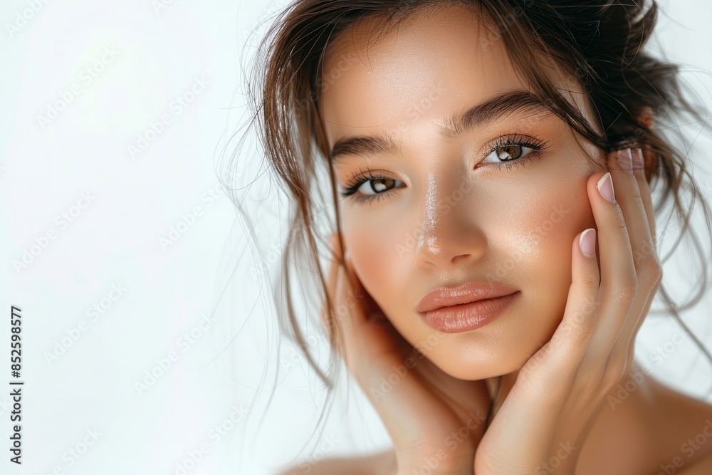 Fototapeta premium Beautiful young Asian woman with clean, fresh skin touching her face and smiling on a white background, isolated in a beauty treatment concept, spa luxury aesthetic.