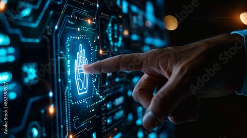 A close-up of a hand touching a glowing AI symbol on a touchscreen, illustrating interaction with artificial intelligence