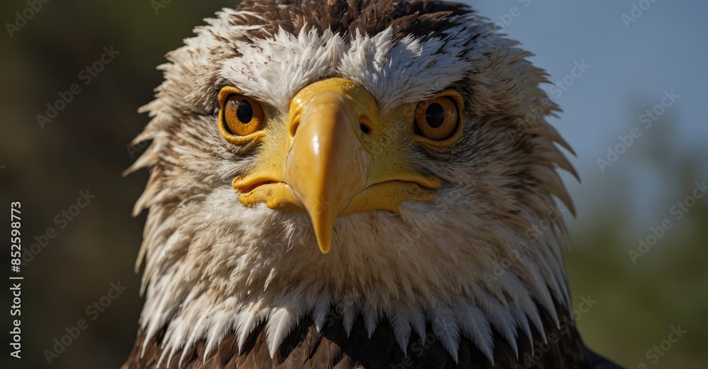 Eagle head close-up, prominent yellow beak Eagle head close-up, prominent yellow beak