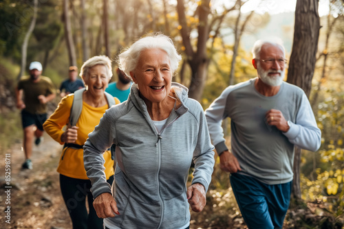 Smiling senior group jogging in the park. Sports activities for elderly people. Generative Ai .  © herraez