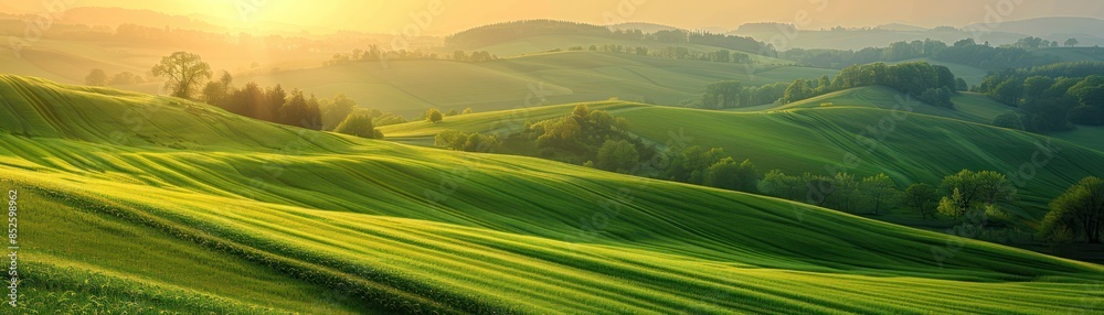 Obraz premium Breathtaking panoramic view of rolling green hills under a golden sunrise, capturing the beauty and tranquility of the countryside.