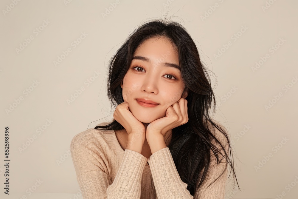 Beautiful young Asian woman with clean, fresh skin touching her face and smiling on a white background, isolated in a beauty treatment concept, spa luxury aesthetic. Beautiful young Asian woman with clean, fresh skin touching her face and smiling on a white background, isolated in a beauty treatment concept, spa luxury aesthetic.