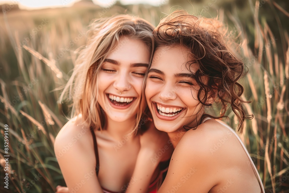Young girls hugging. Smiles. Together. Outdoors scene. Sunshine Young girls hugging. Smiles. Together. Outdoors scene. Sunshine